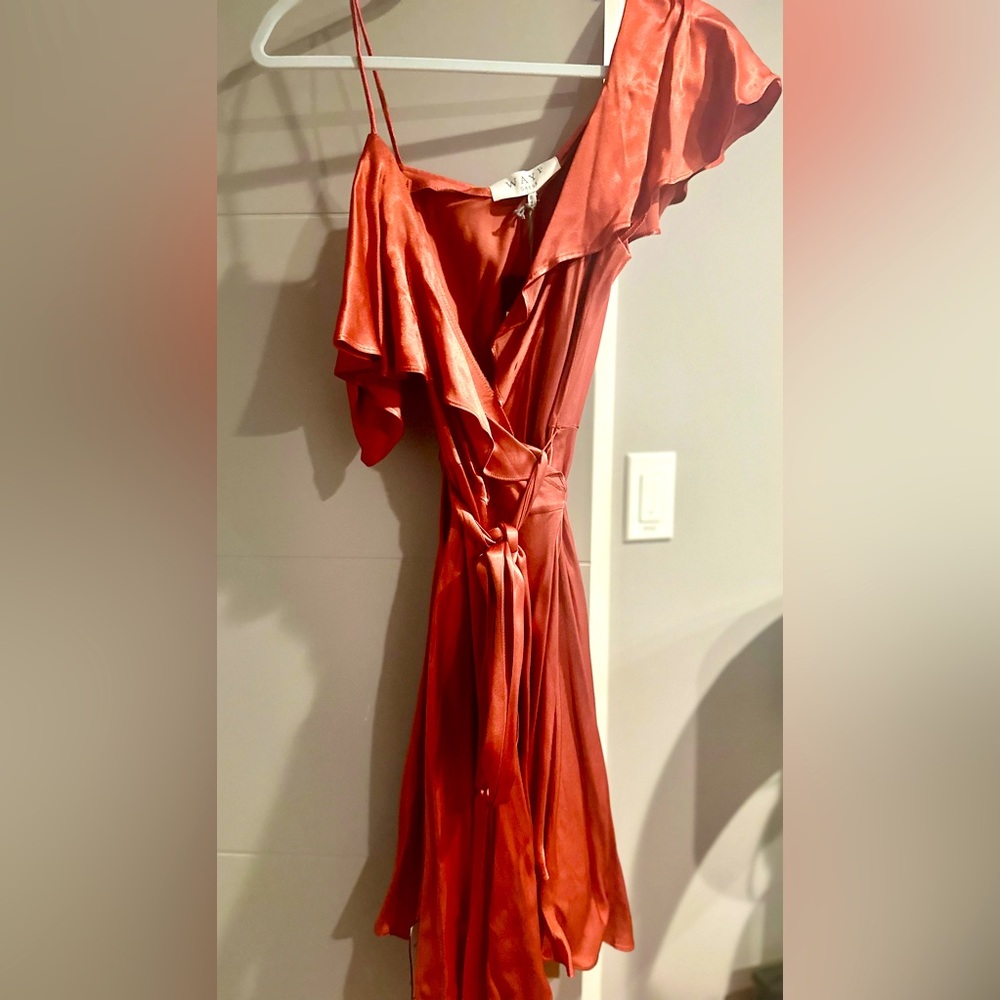 WAYF Rachelle Satin One-Shoulder Wrap Dress - Cinnamon - Small